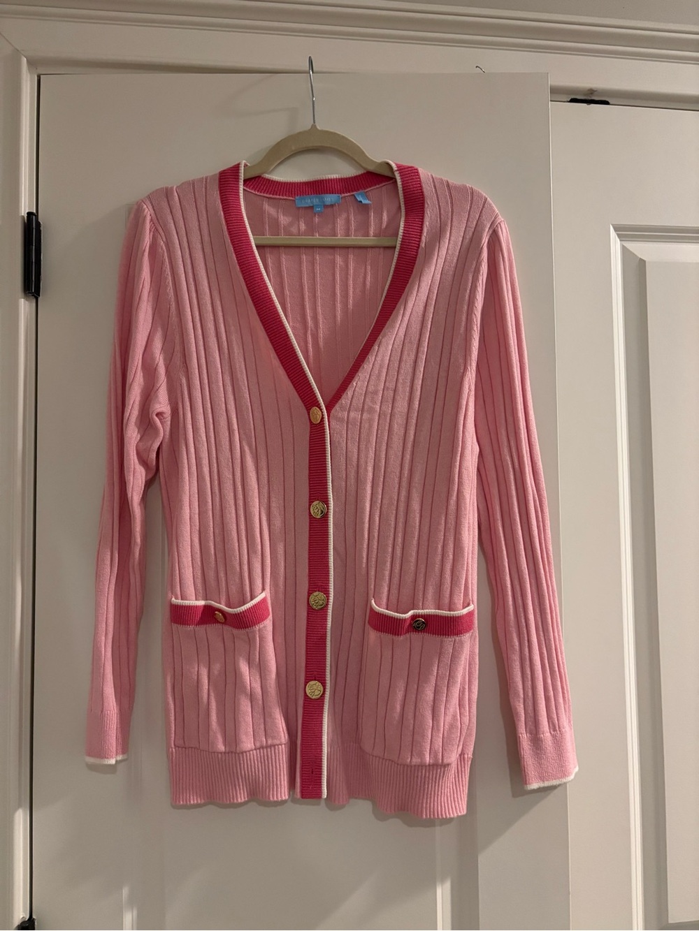 Draper James Pink Ribbed Cardigan with Hot Pink Trim and Gold Buttons